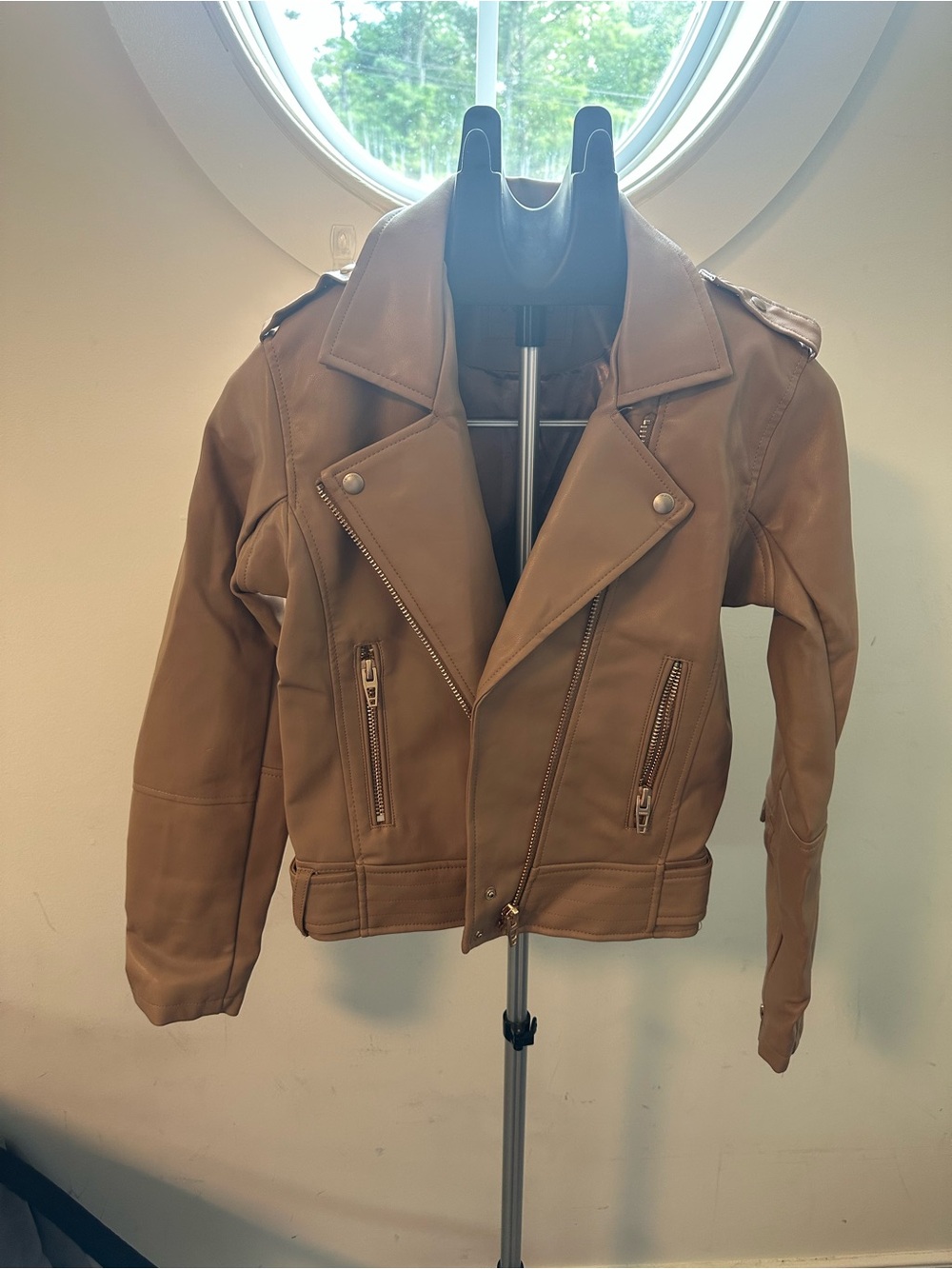 Cognac Brown faux Leather Moto Jacket